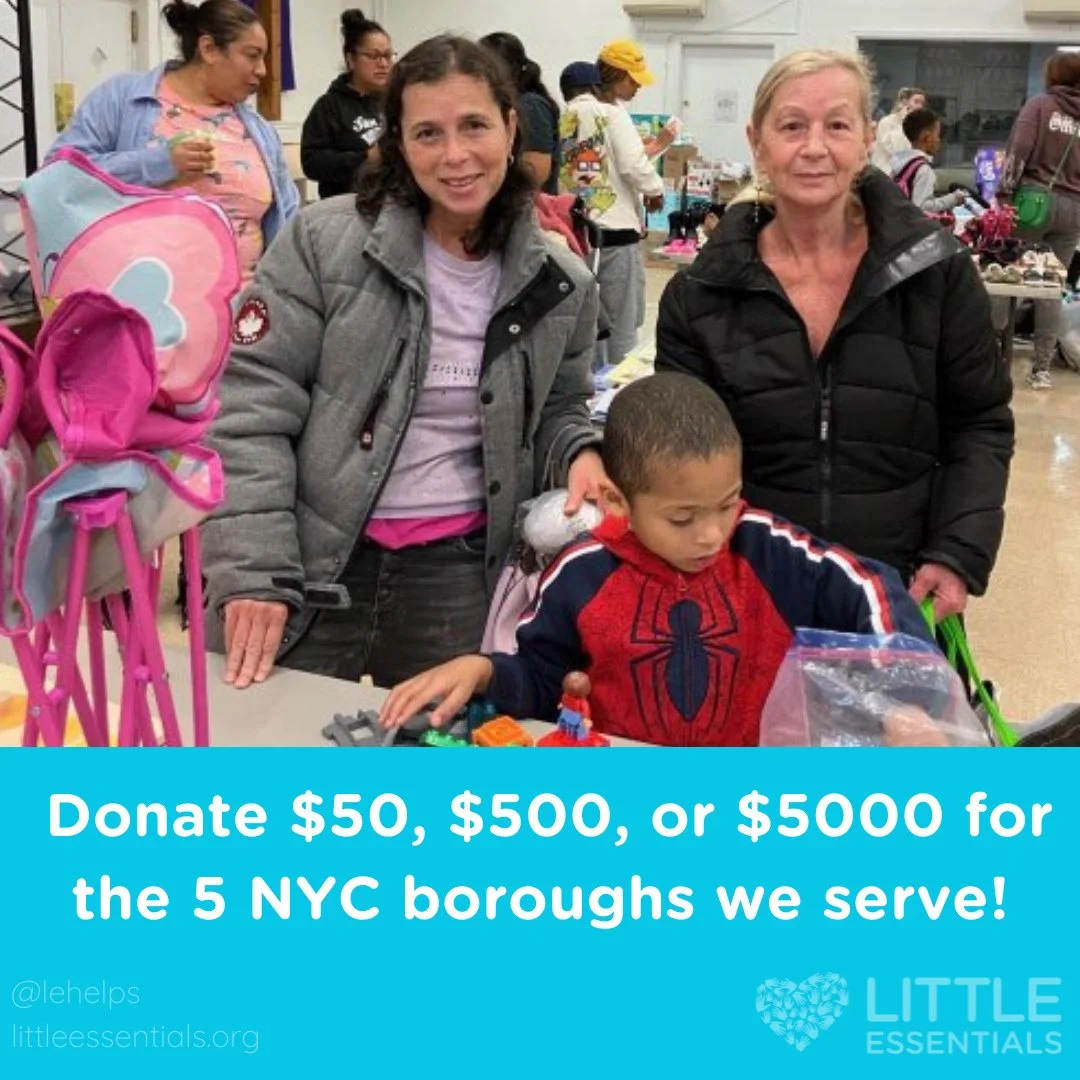Donate $50, $500, or $5000 in honor of the 5 NYC boroughs we serve! Join us this month in supporting the children and families we serve by making a financial donation. Every contribution empowers us to provide essentials like diapers, strollers, book