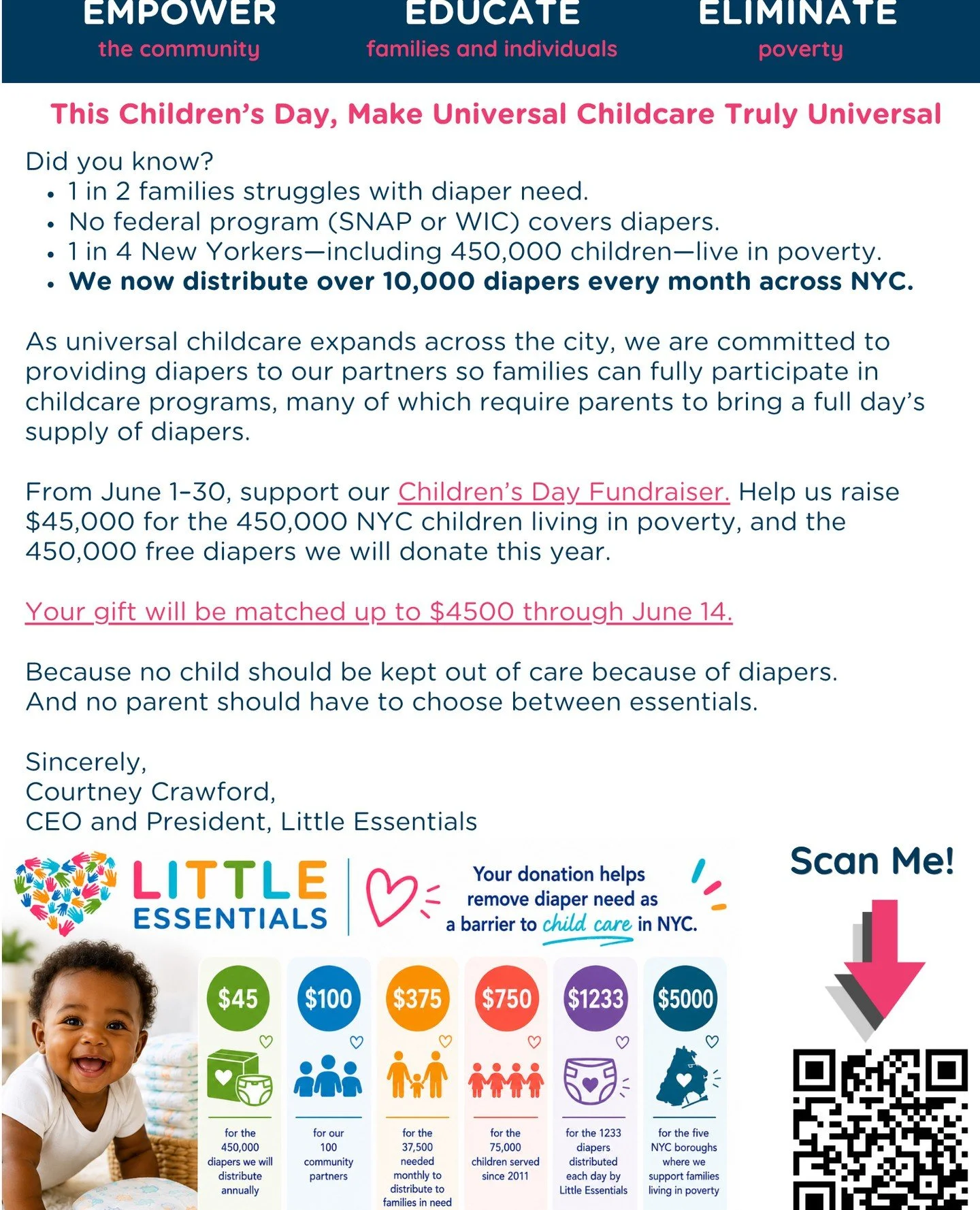 A special message from our CEO: From June 1&ndash;30, support our Children&rsquo;s Day Fundraiser. Help us raise $45,000 for the 450,000 NYC children living in poverty, and the 450,000 free diapers we will donate this year.⁠
⁠
Your gift will be match
