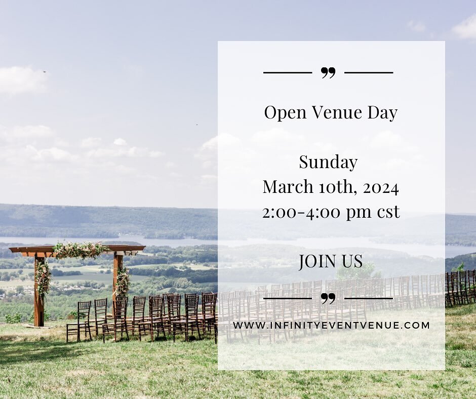 ✨Open Venue Day - Sunday 3/10/24 2:00 to 4:00✨

Come to Infinity to view everything and ask us any questions you have about your big day!