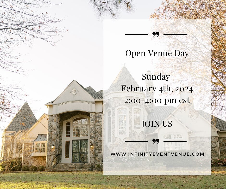 ✨SUNDAY 2/4 from 2:00-4:00✨

Infinity&rsquo;s February Open Venue Day! 

Booked couples &amp; exploring couples bring your family, friends and vendors to view Infinity! 

We&rsquo;ll be here rain or shine to answer any questions ☔️