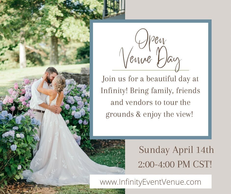 Join us for our April Open Venue Day!✨ 

This Sunday April 14th from 2 to 4 pm! The weather is going to be amazing! 

We can&rsquo;t wait to see you ❤️ 

LIKE &amp; SHARE 

www.InfinityEventVenue.com/openhouses