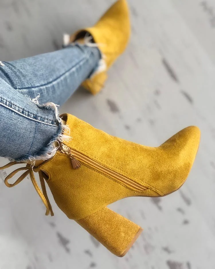 Suede Point Toe Tie Back Ankle Boots