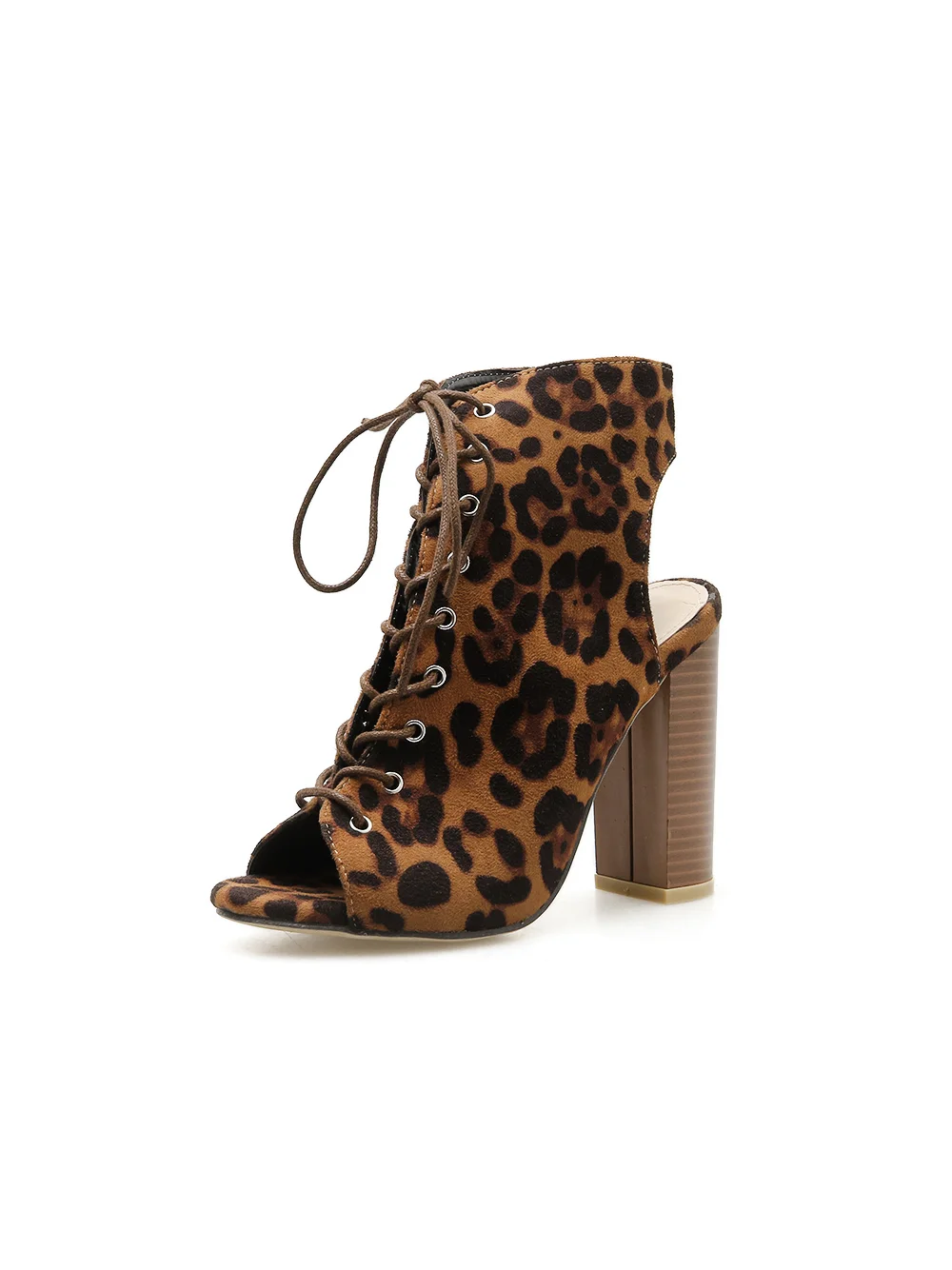 Peep Toe Leopard Printed Lace Up Chunky Ankle Boot