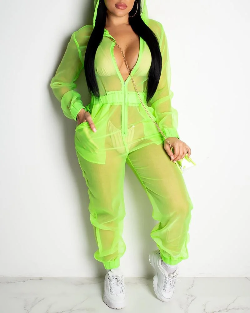 Hooded Perspective Long Sleeve Jumpsuit Green