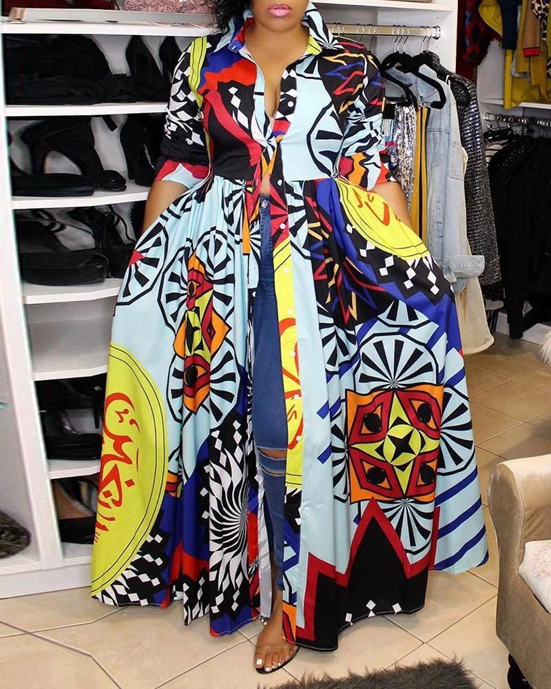 Abstract Print Long Sleeve Shirt Maxi Dress