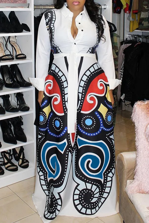 Casual Printed Loose White Blending Floor Length Dress