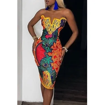 Ethnic Patchwork Printed Yellow Knee Length Dress