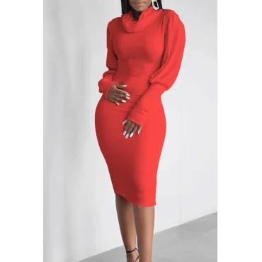 Casual Turtleneck Ruffle Design White Knee Length Dress