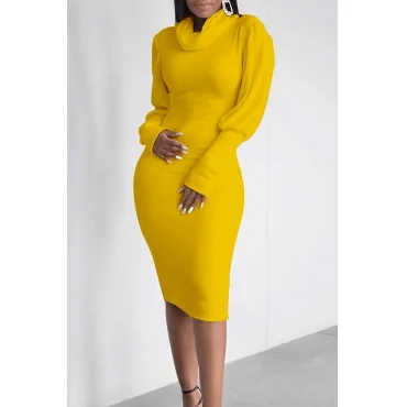 Casual Turtleneck Ruffle Design Yellow Knee Length Dress