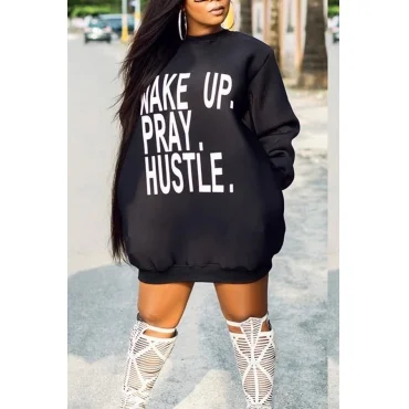 Casual Long Sleeves Letters Printed Black Mini Dress   