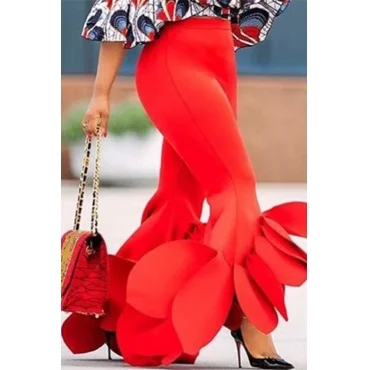 High Waist Ruffle Design Red Pants   