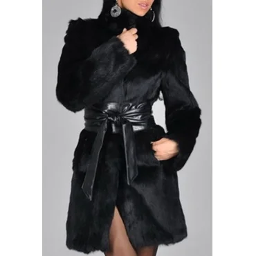 Casual Lace-up Long Black Faux Fur Coat