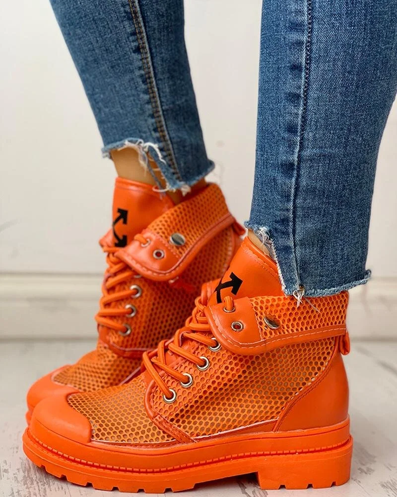 Eyelet Lace-Up Fishnet Martin Boots