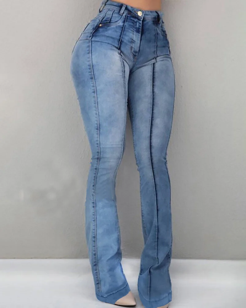 Solid High Waist Bell-Bottom Jeans
