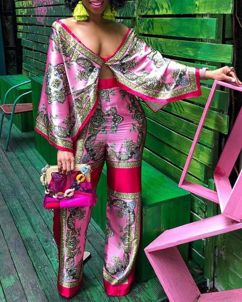 Print Cape Style Top With Pants Set