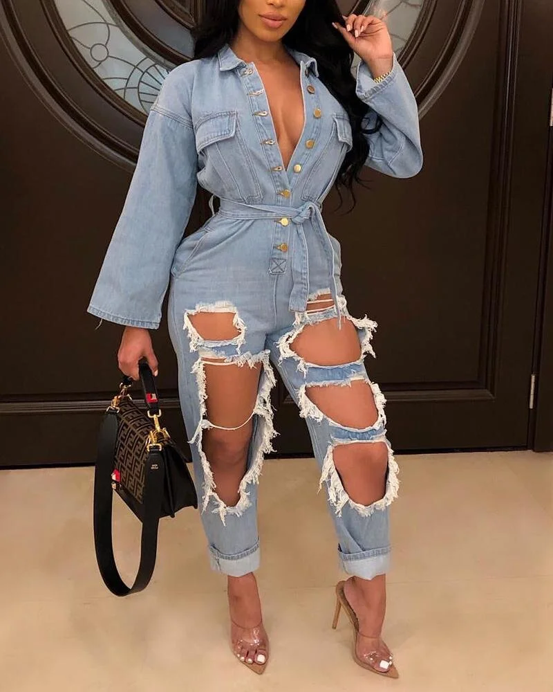 Distressed Holey Buttoned Denim Jumpsuit (More Colors)