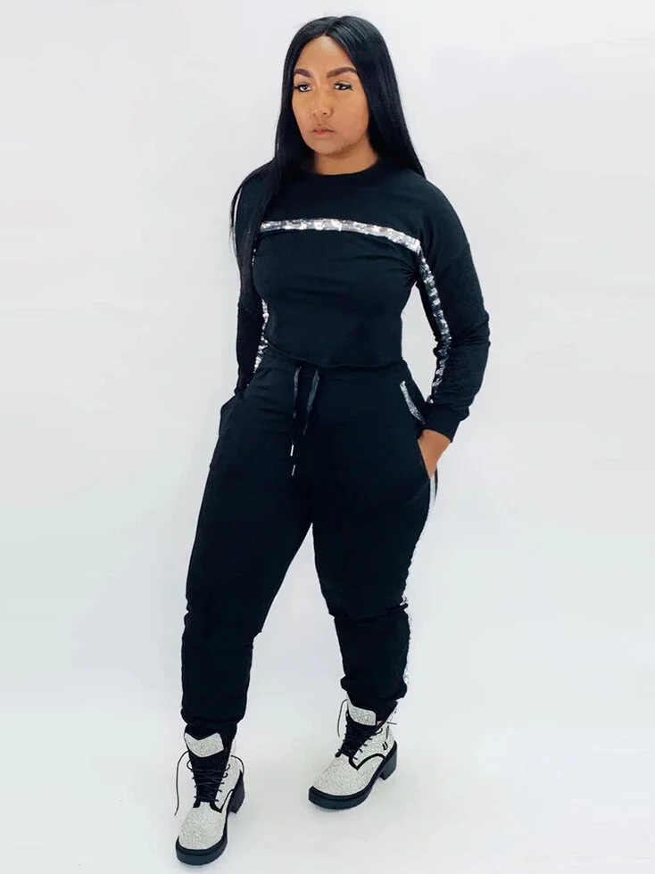 Sequin Patchwork Crew Neck Long Sleeve Workout Outfits (More Colors)