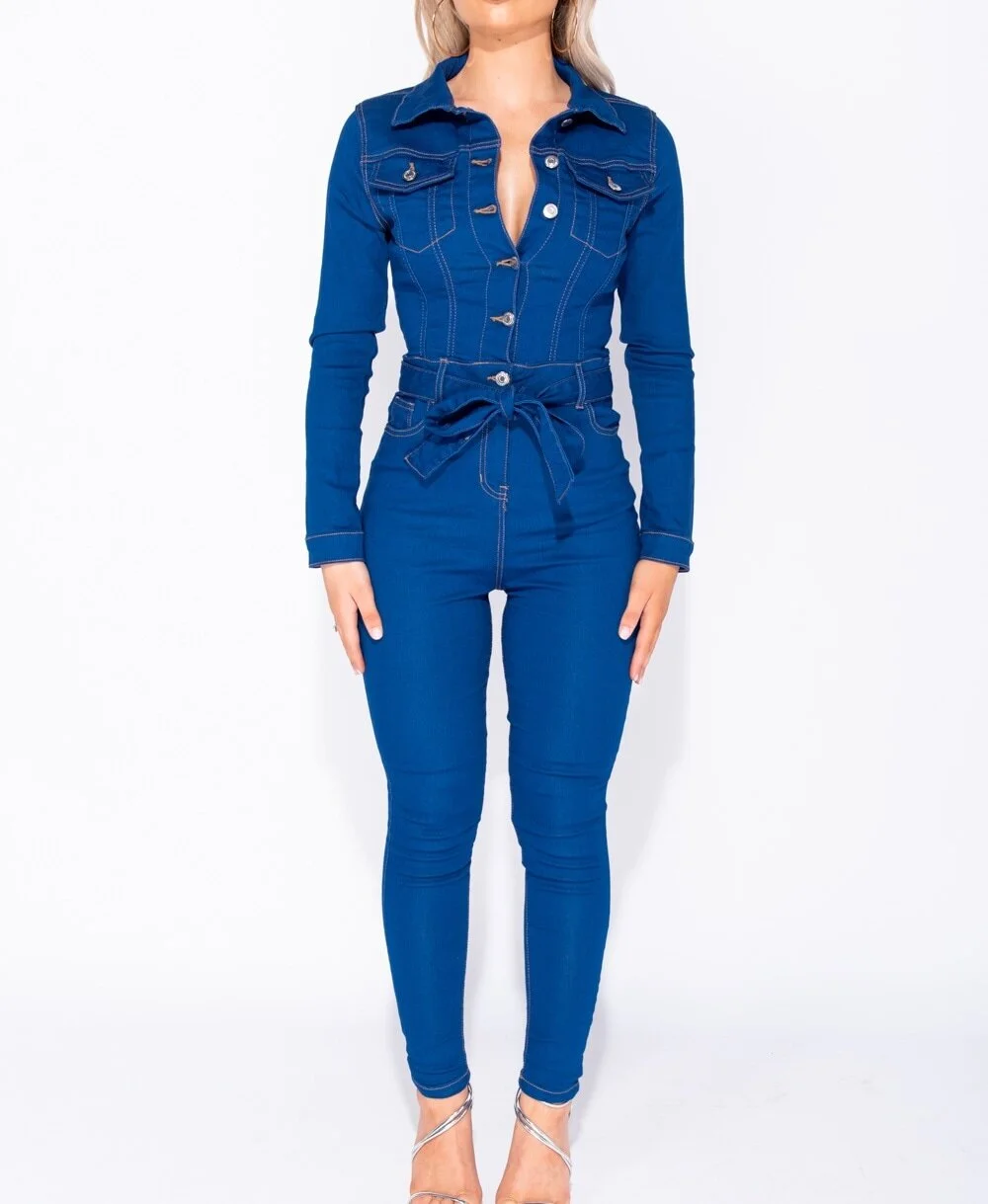 Button Up Detail Tie Waist Long Sleeve Jumpsuit