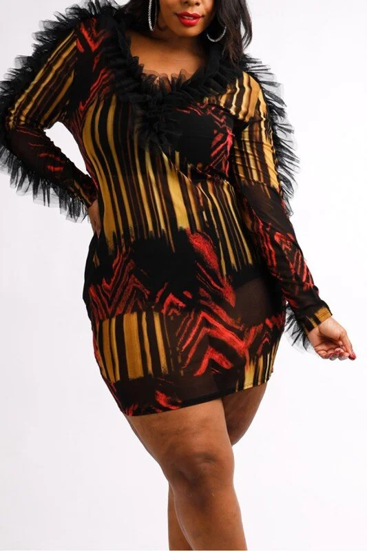 Ruffled detailed print mesh dress