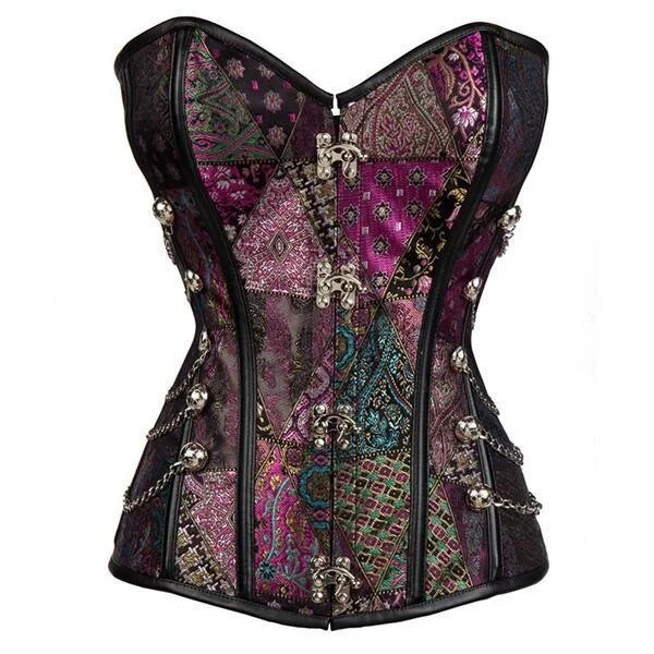 Steampunk Inspired Multi Embroidered Overbust Corset with Chains W/ Matching Panties