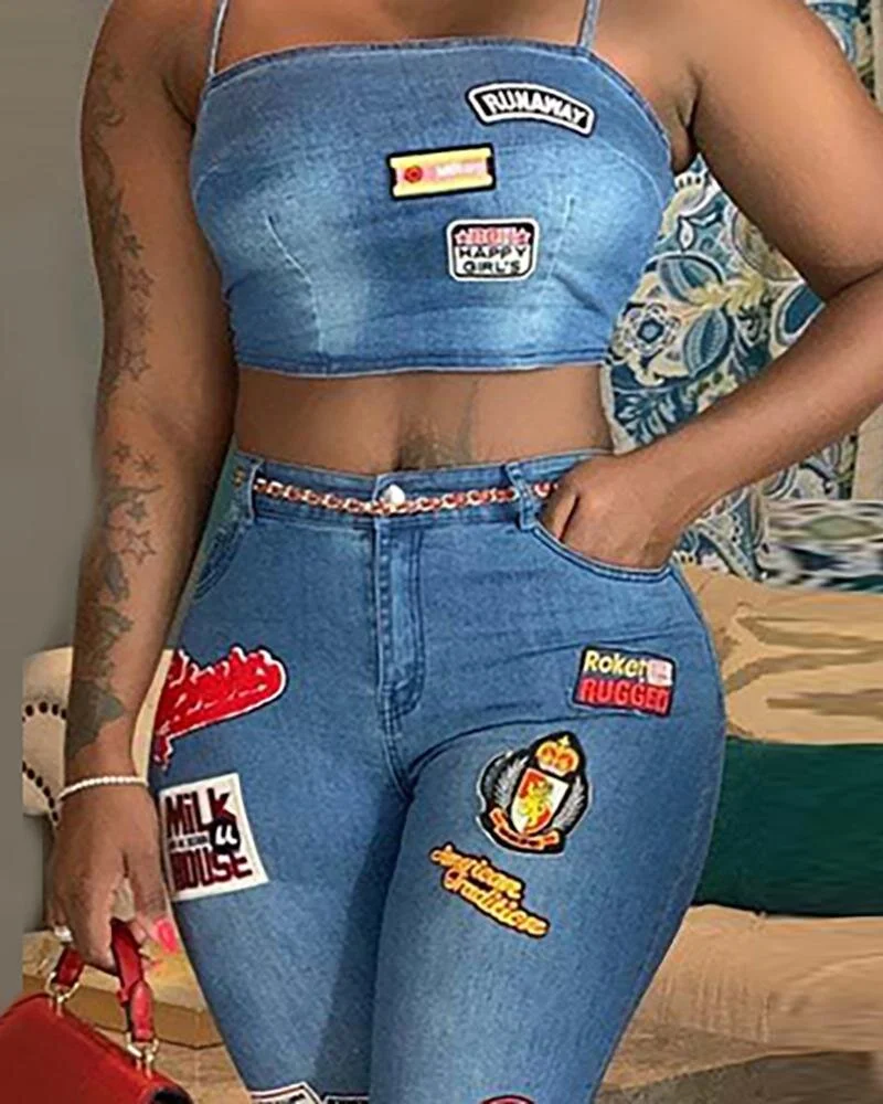 Patched Denim Crop Top &amp; High Waist Jeans Set 