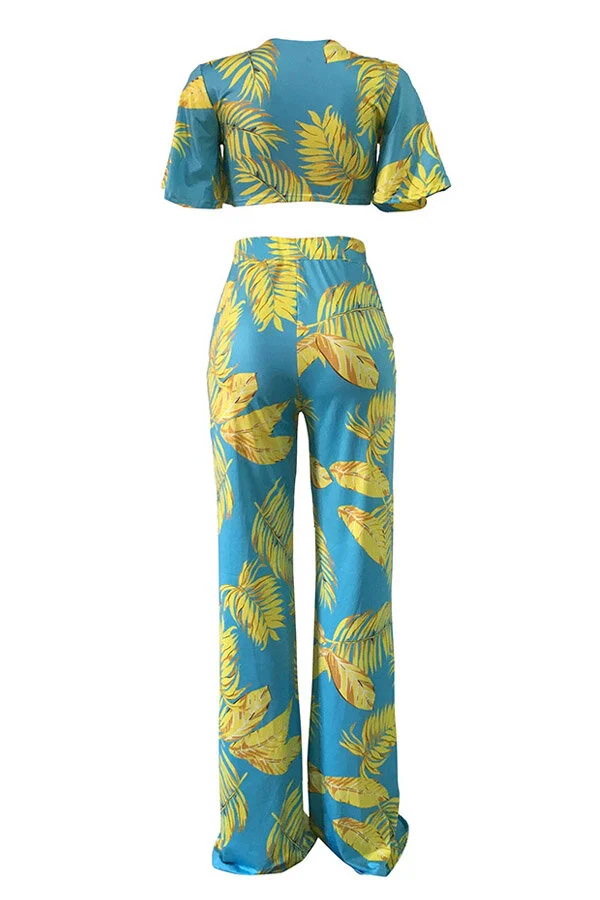 Chic Floral Baby Blue Two-piece Pants Set  