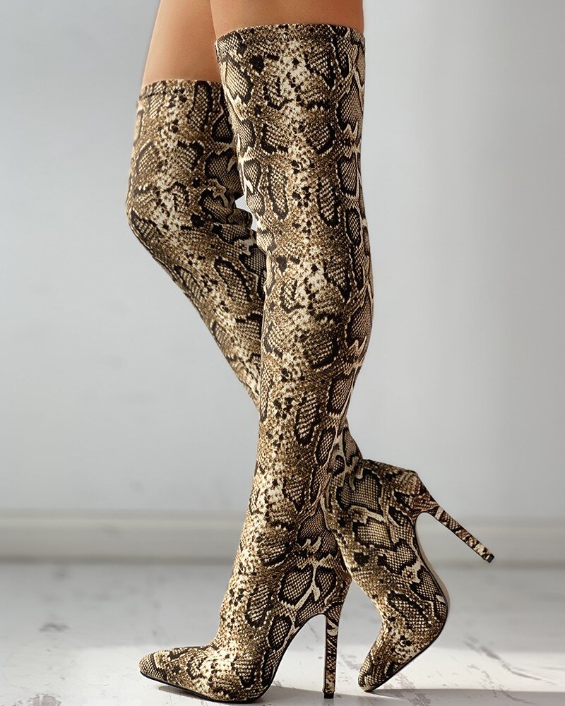Snakeskin Print Thin Heeled Thigh High Boots