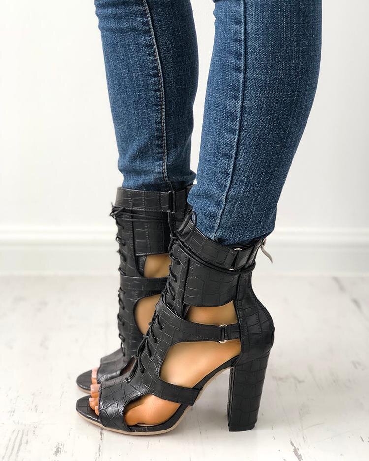Lace-up Cutout Chunky Heel Sandals