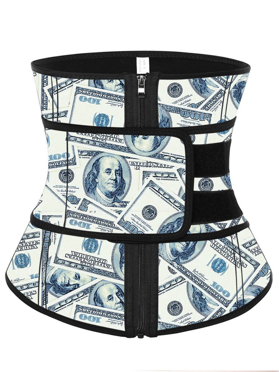 BH Latex Waist Cincher With Hooks Dollar Print Fat Burning 