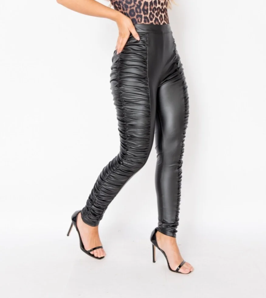 Black Faux Leather Ruched Side Skinny Trousers