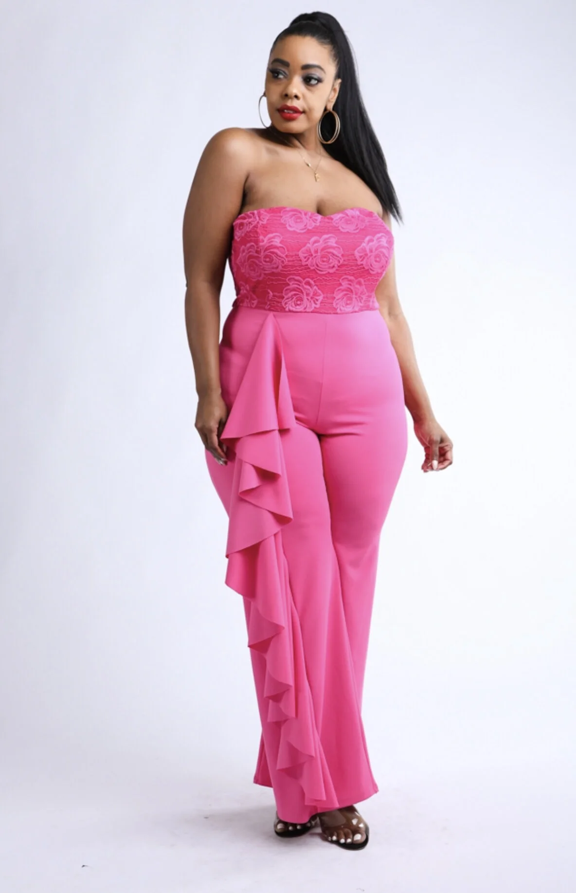 Lace contrast ruffled tube jumpsuit