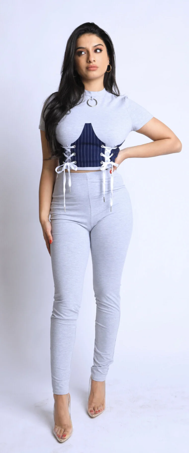 Corset Lace up Grey Pants Set