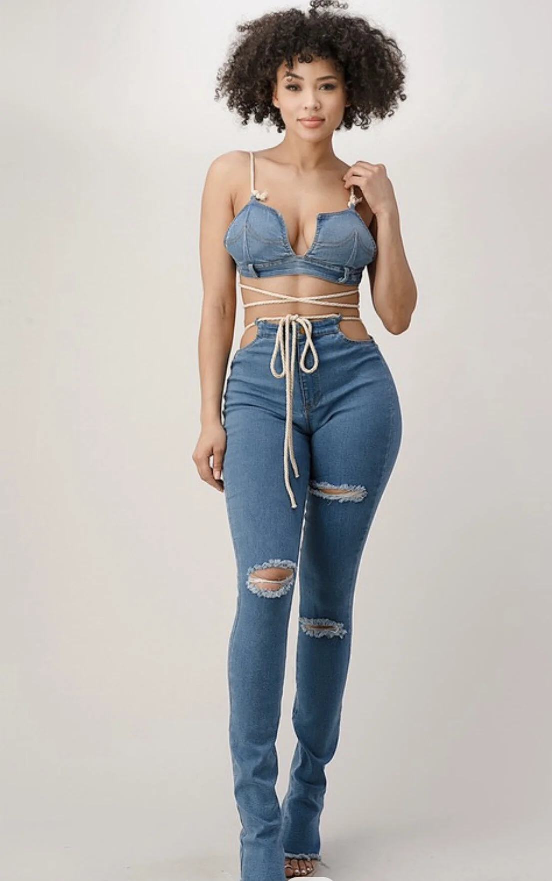 Denim Bralett Pants Set