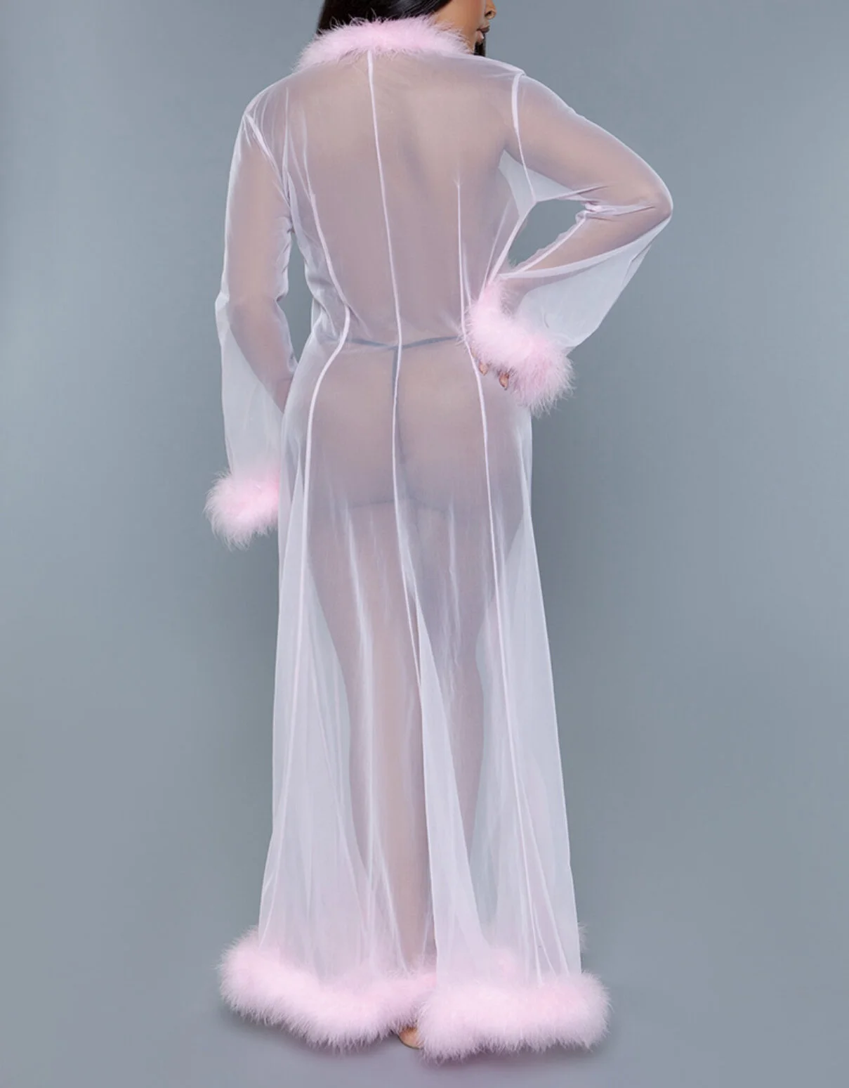 Full-Length Sheer Robe with Marabou Feather Trim