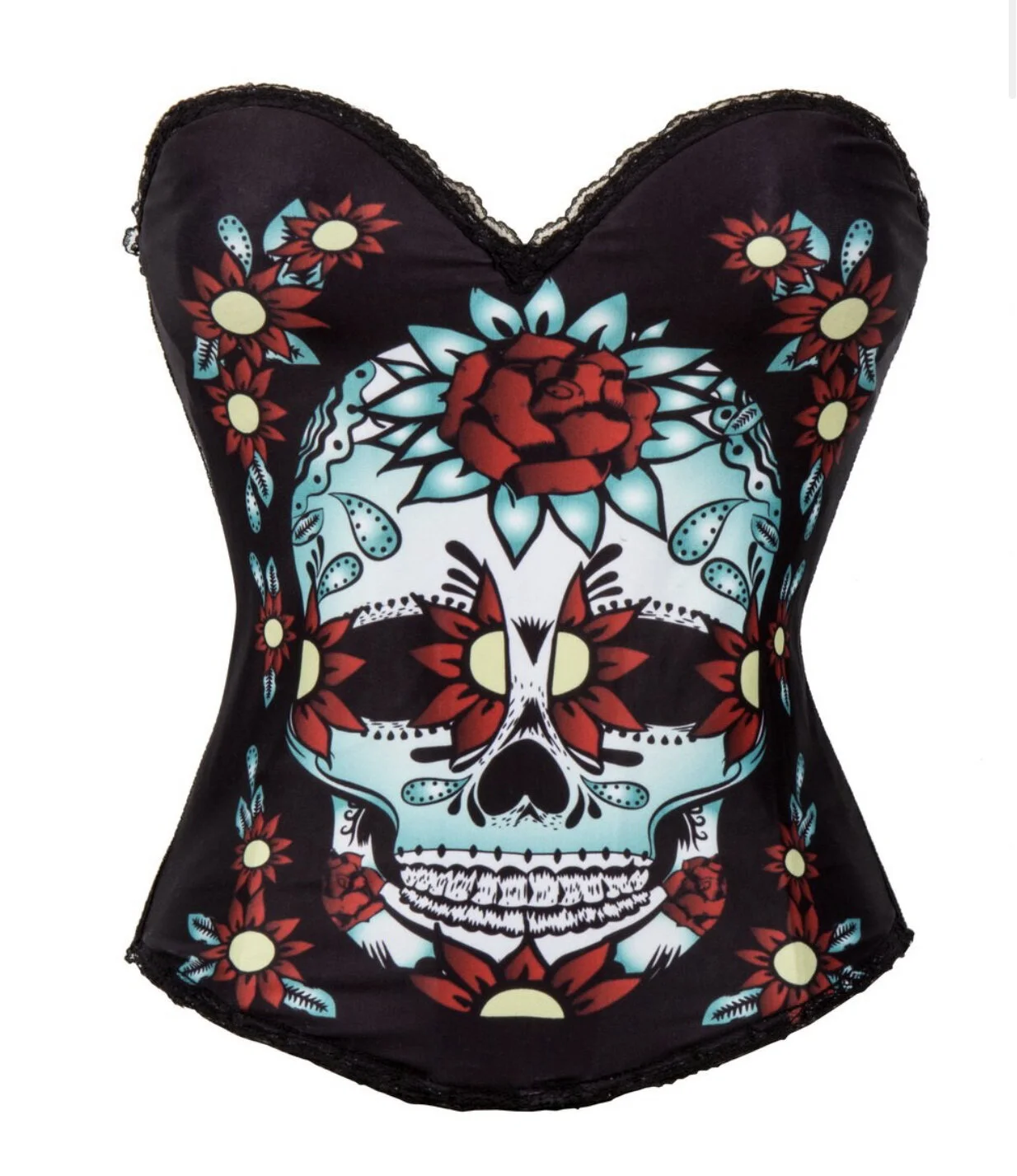 Blue Skull Floral Eye Skull Print Cotton Steampunk Overbust Corset