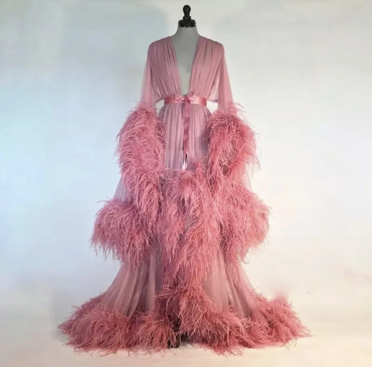 Pink Feather Bridal Robe with Belt V Neck Sheer