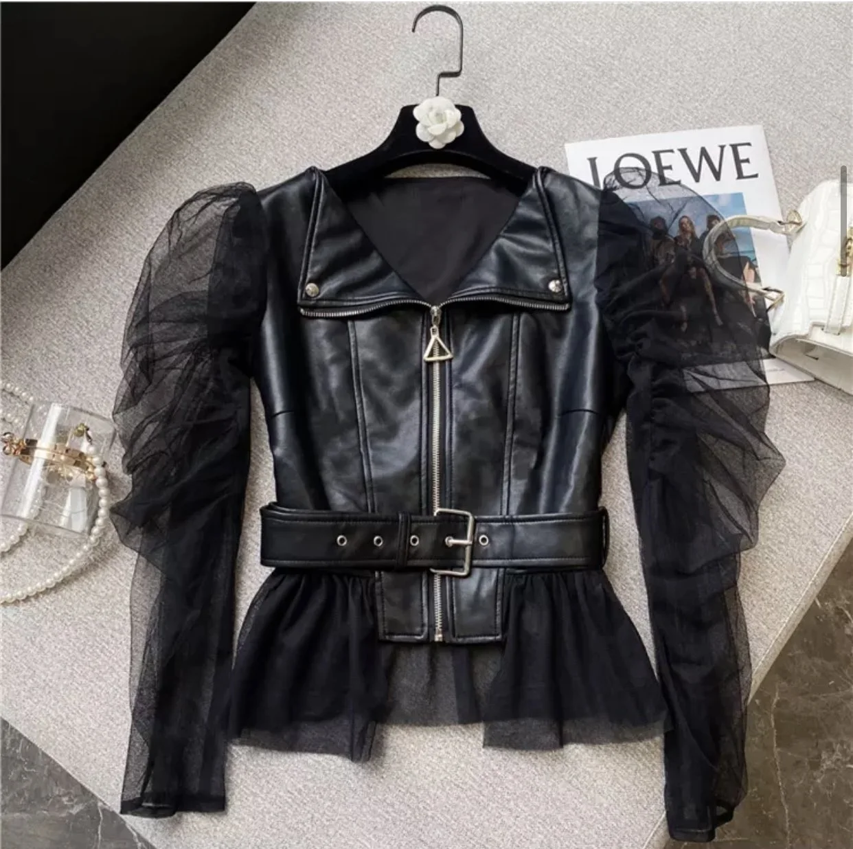 Body Mesh Faux Leather Moto Jacket