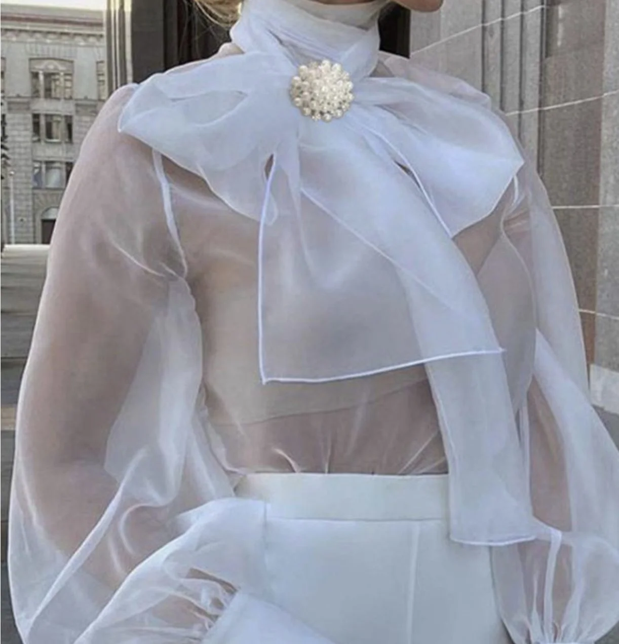 White Mesh Blouse with Bowtie