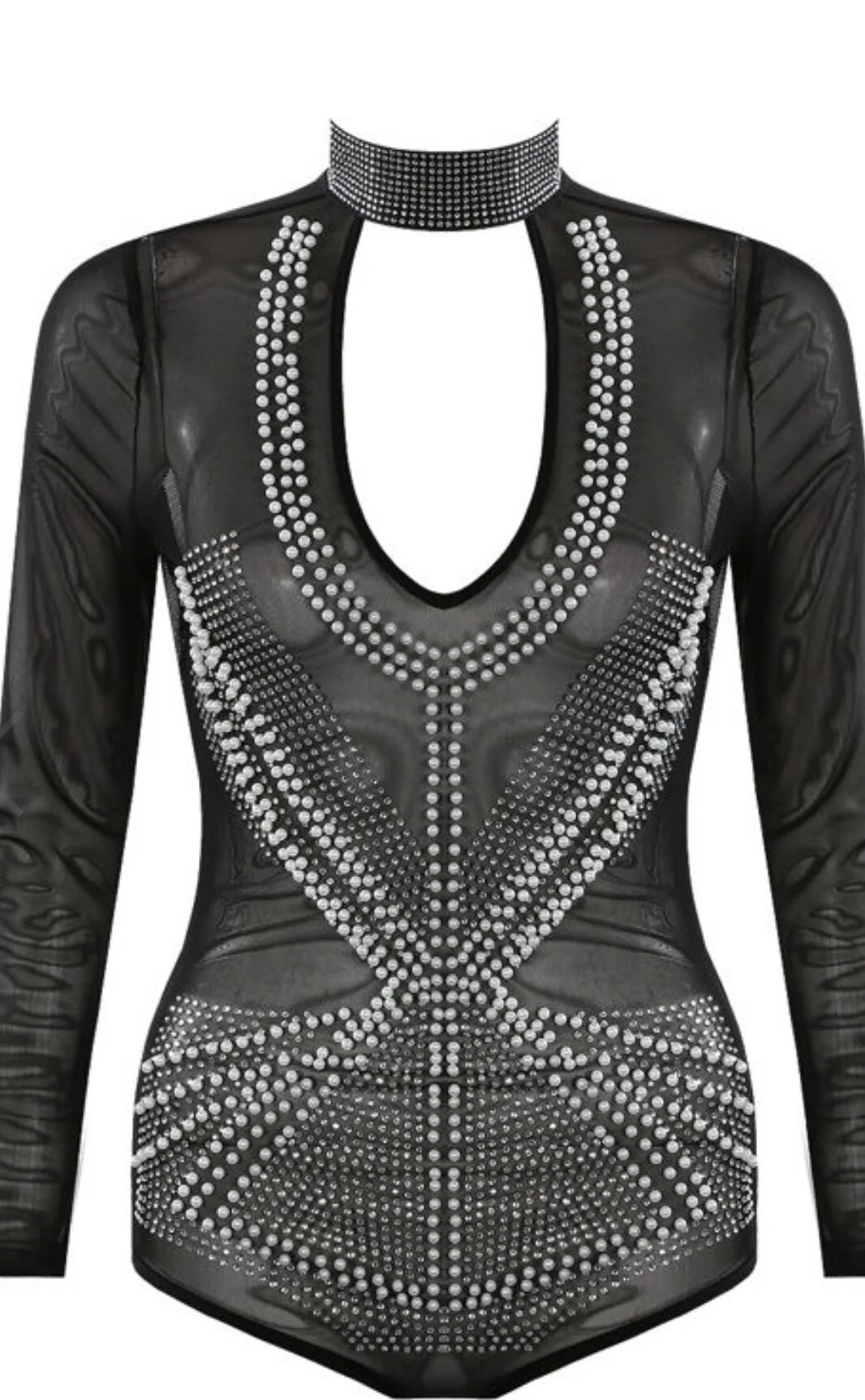 Black Pearls Trim Choker Neck Mesh Bodysuit