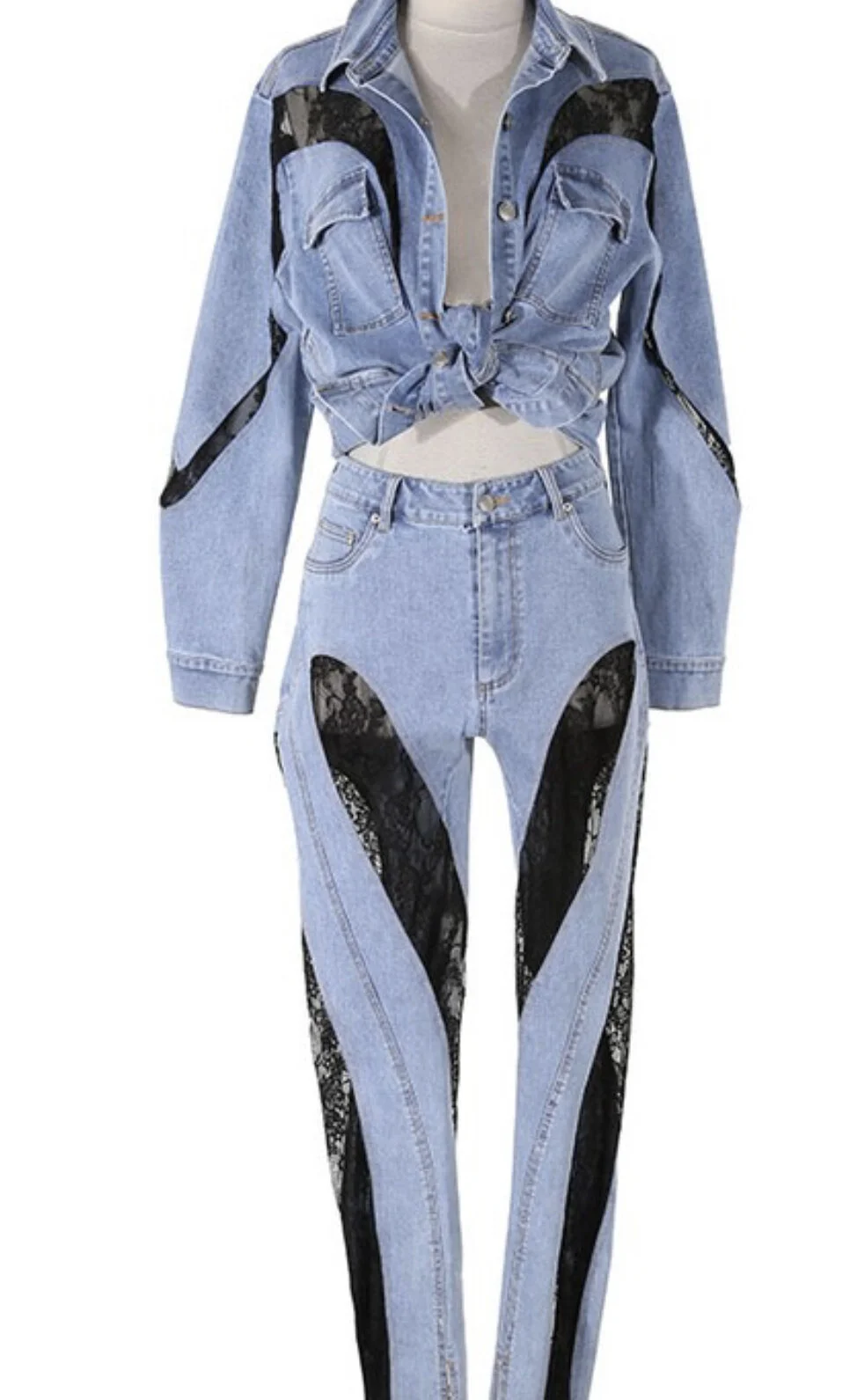 Lace-Embellished Denim Duo: Stretchy Pants & Shirt Set!