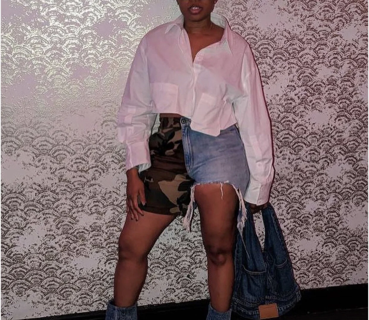 Double Duty Stretchy Shorts: Army Fatigues & Distressed Denim Combo
