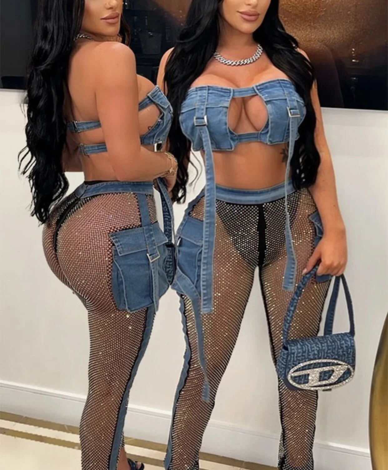 Denim Delight: Two-Piece Set with Rhinestone Cargo Pants and Bralette