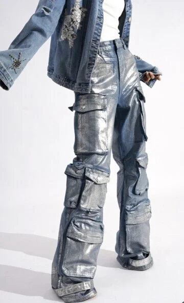 Foil and Denim Cargo Pants