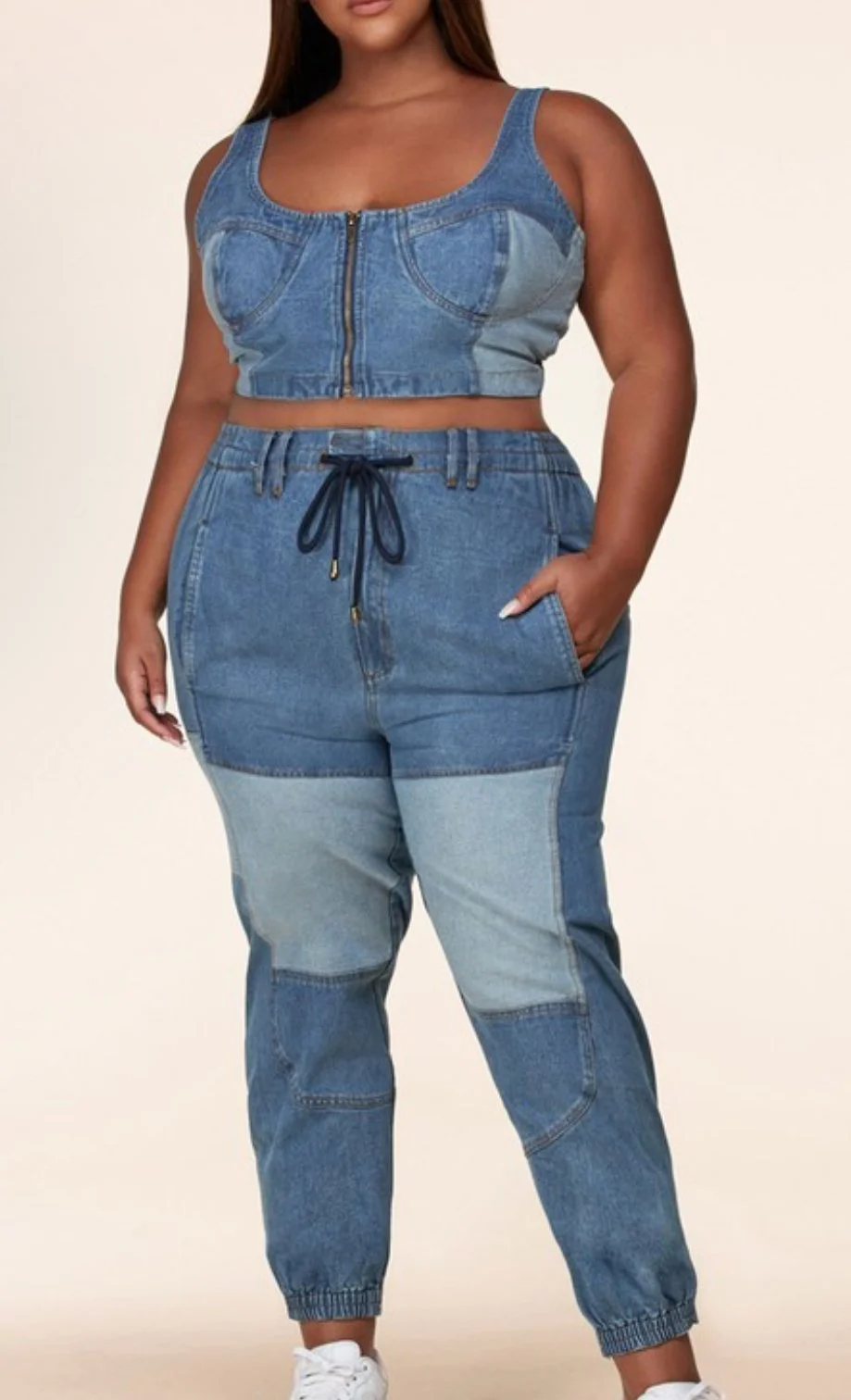 Sporty Plus Size Denim Two-Piece Set