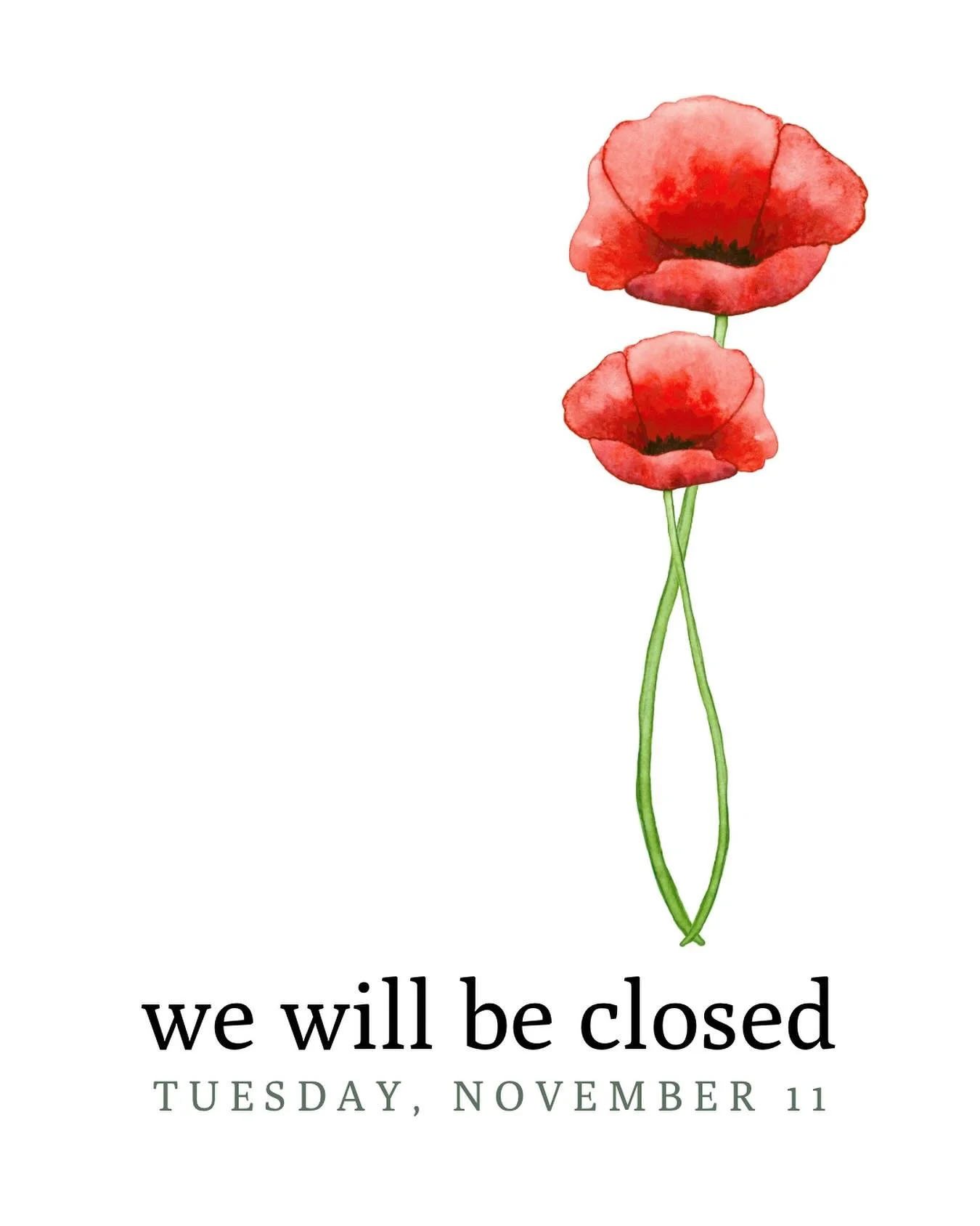 We will be closed on Tuesday, November 11th to remember &amp; honour those who left and never returned, those who returned but were never the same, and those who are actively serving. 🌺