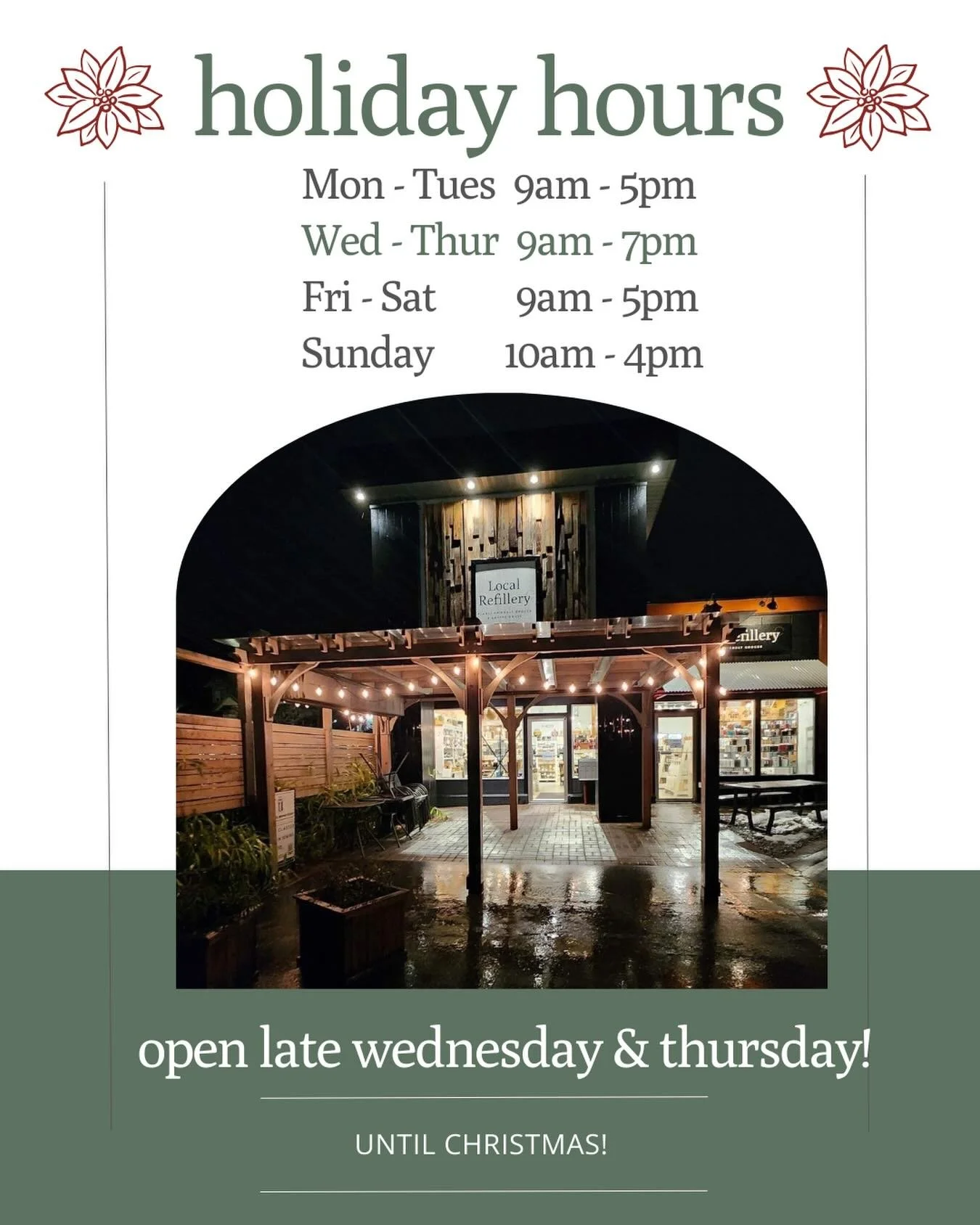 ✨OPEN LATE WEDNESDAYS &amp; THURSDAYS! ✨

Just a reminder that our team will be available until 7PM on Wednesdays &amp; Thursdays to help take care of you and all your holiday needs! 🎄😁