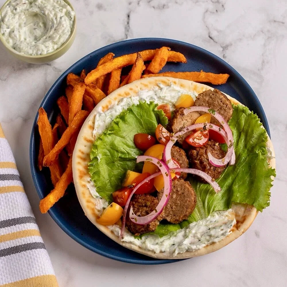 Looking for a fresh and hearty meal idea? Plant-based gyros to the rescue! 😋

Ingredients
360 grams Gardein&reg; Plant-Based Meatballs
1 cup shredded English cucumber, unpeeled
1-1/2 cups plain Greek-style yogurt or plant-based alternative
1 small c
