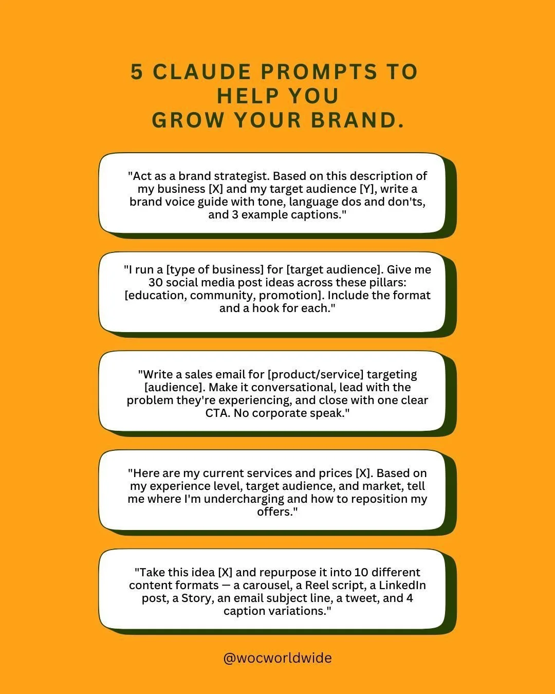 AI is a tool. And if you're a founder not using it to grow your brand you are leaving time and money on the table.

These 5 Claude prompts will help you write your brand voice, generate a month of content, craft a sales email that doesn't feel gross,