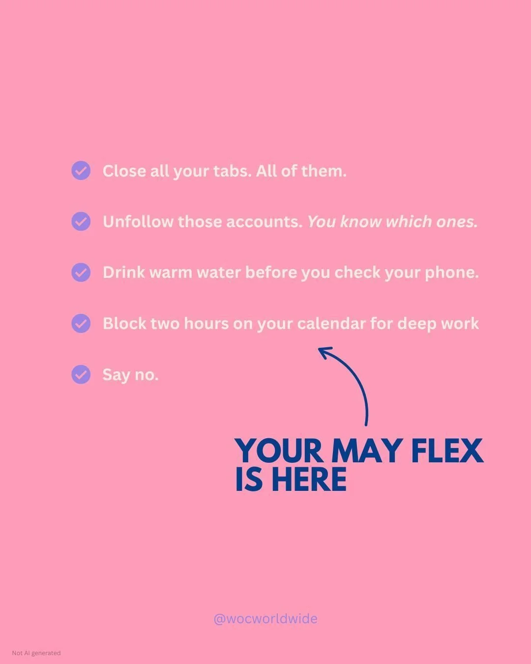 The May flex nobody talks about. 

Specific. Doable. That's how May actually moves.

Which one are you starting with today? Drop it in the comments 👇🏾
.
.
.
#WOCWorldwide #MayFlex #RealTalk #FemaleFounder #BlackWomenInBusiness #WOCInBusiness #Wealt