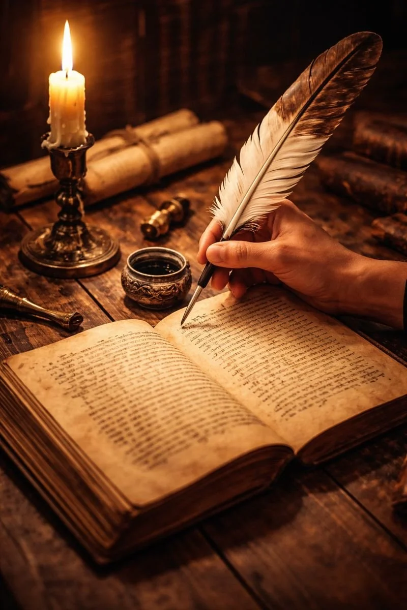 A hand writes with a quill pen in an old book on a wooden table, illuminated by a lit candle, with old scrolls and inkpot nearby.